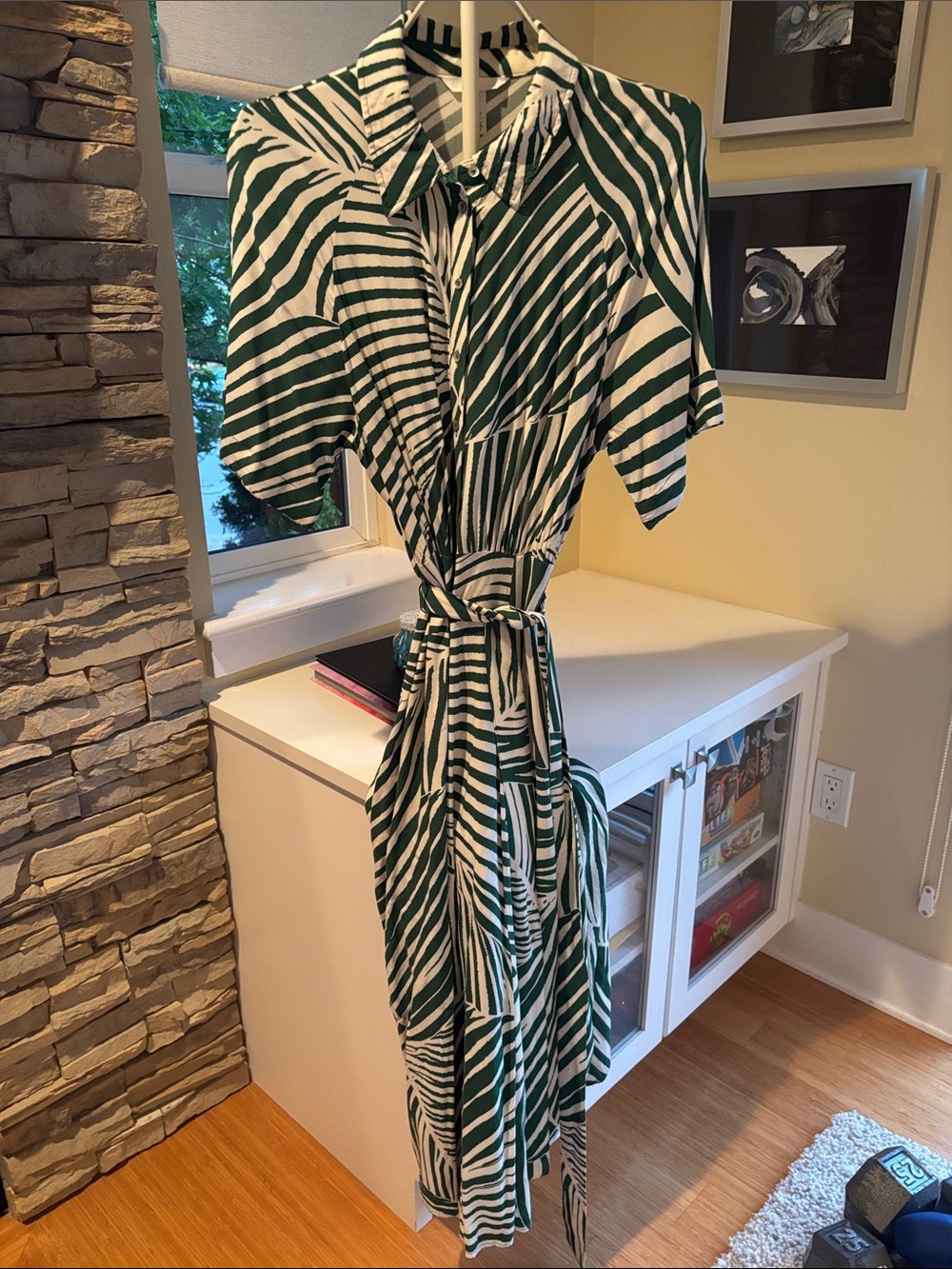Green & Cream 🌴 Striped Tie-Waist Shirt Dress - Picture 4 of 4